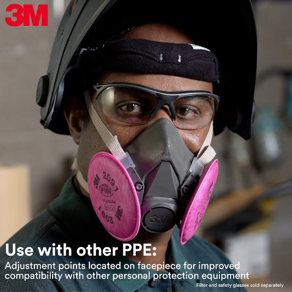 3M Half Facepiece Reusable Respirator 6100, NIOSH, Four-Point Harness, Comfortable Fit, Dual Airline Supplied Air Compatible, Bayonet Connections, Painting, Sanding, Cleaning, Small