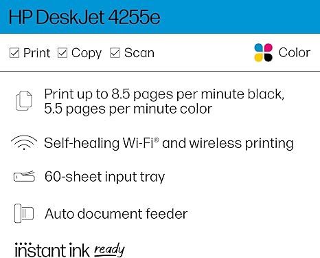 HP DeskJet 4255e Wireless All-in-One Color Inkjet Printer, Scanner, Copier, Best for Home, 3 Months of Ink Included (588S6A)