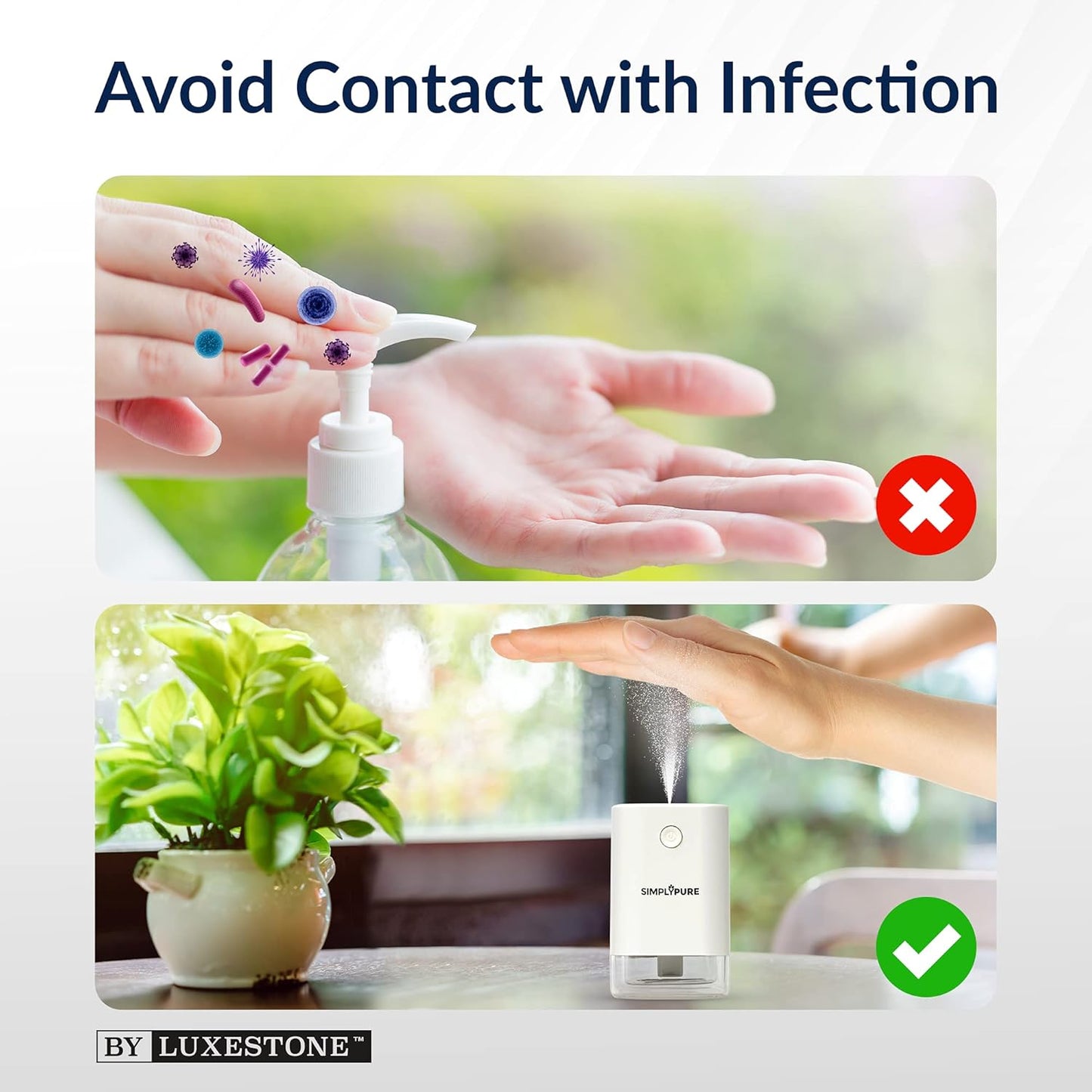 LuxeStone SimplyPure Portable Mist Dispenser - No-Touch Auto Mist Sprayer Dispenser - Ideal Home, Office, Bathroom & Car Diffuser - Lightweight, Conve