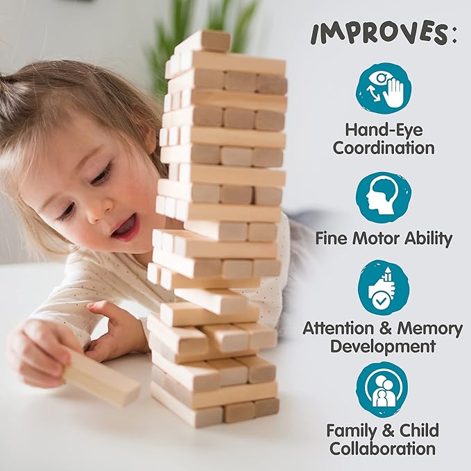 Bascuda Tumble Tower Classic - Wooden Blocks Tumbling Tower Stacking Game - Great Entertainment Game for Family, Adults, Kids, Boys & Girls - Wooden 5