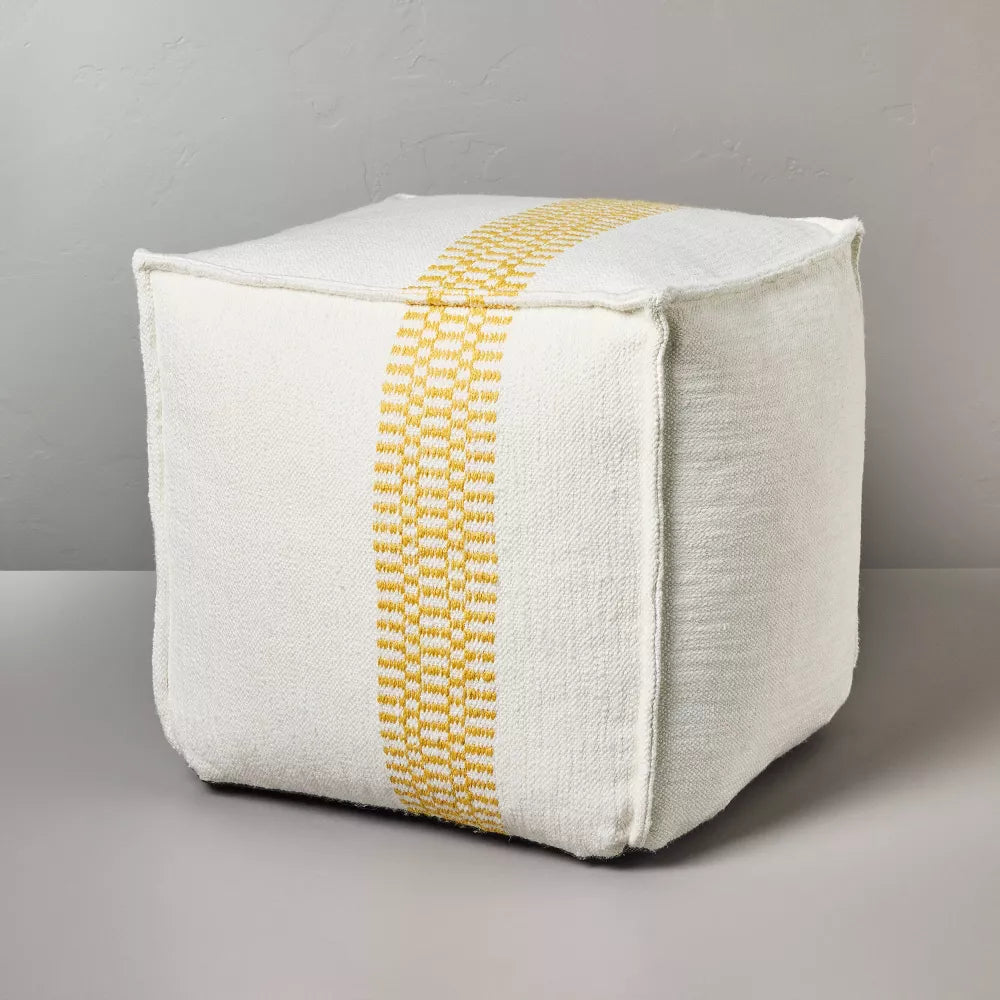 Checkered Stripe Indoor/Outdoor Ottoman Pouf Cream/Gold - Hearth & Handwith Magnolia