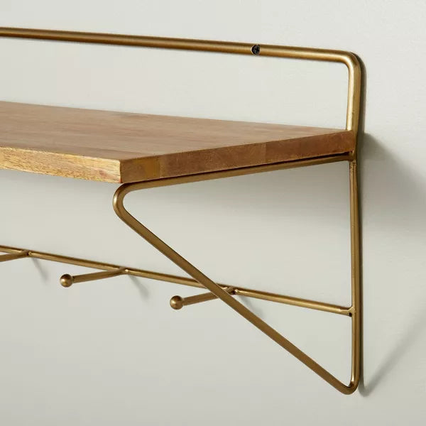 24" Wood & Brass Wall Shelf with Hooks - Hearth & Hand™ with Magnolia
