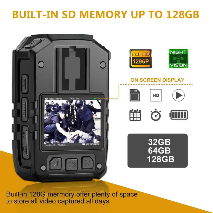 1296P HD Police Body Camera 32G Memory CammPro Premium Portable Body Camera Waterproof Body-Worn Camera with 2 Inch Display Night Vision GPS for Law E