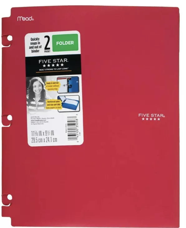 Five Star Snap-in Plastic Folder for Binders 2 Pocket RED