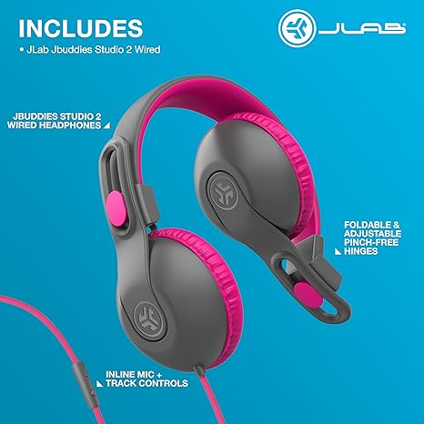 JLab Audio JBuddies Studio 2 on-Ear Headphones, Gray/Pink, HKSTU2RGRYPNK122