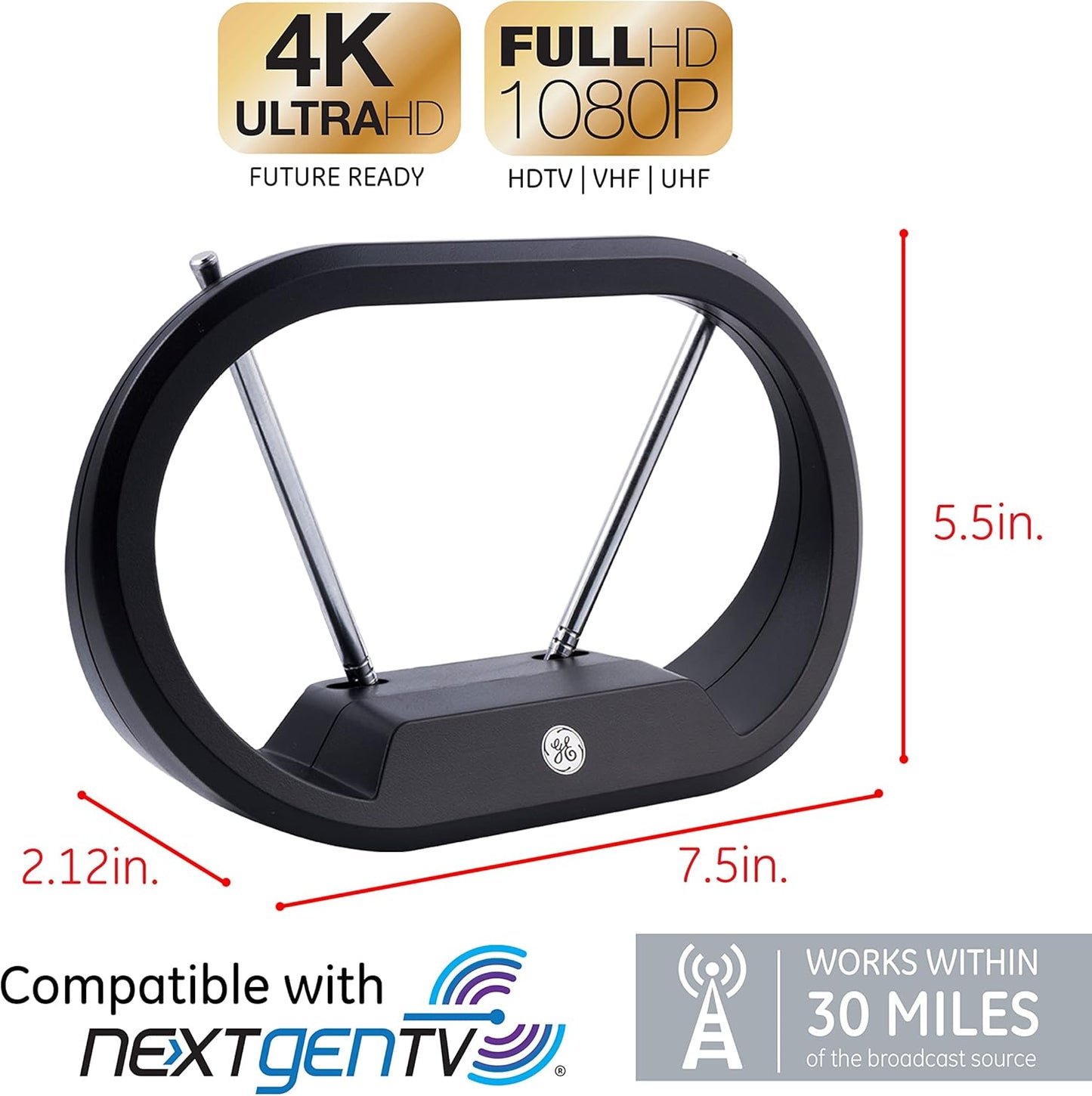 GE Modern Loop Indoor HDTV Antenna 30 Mile Range 4K Ultra HD 1080p VHF UHF 33675