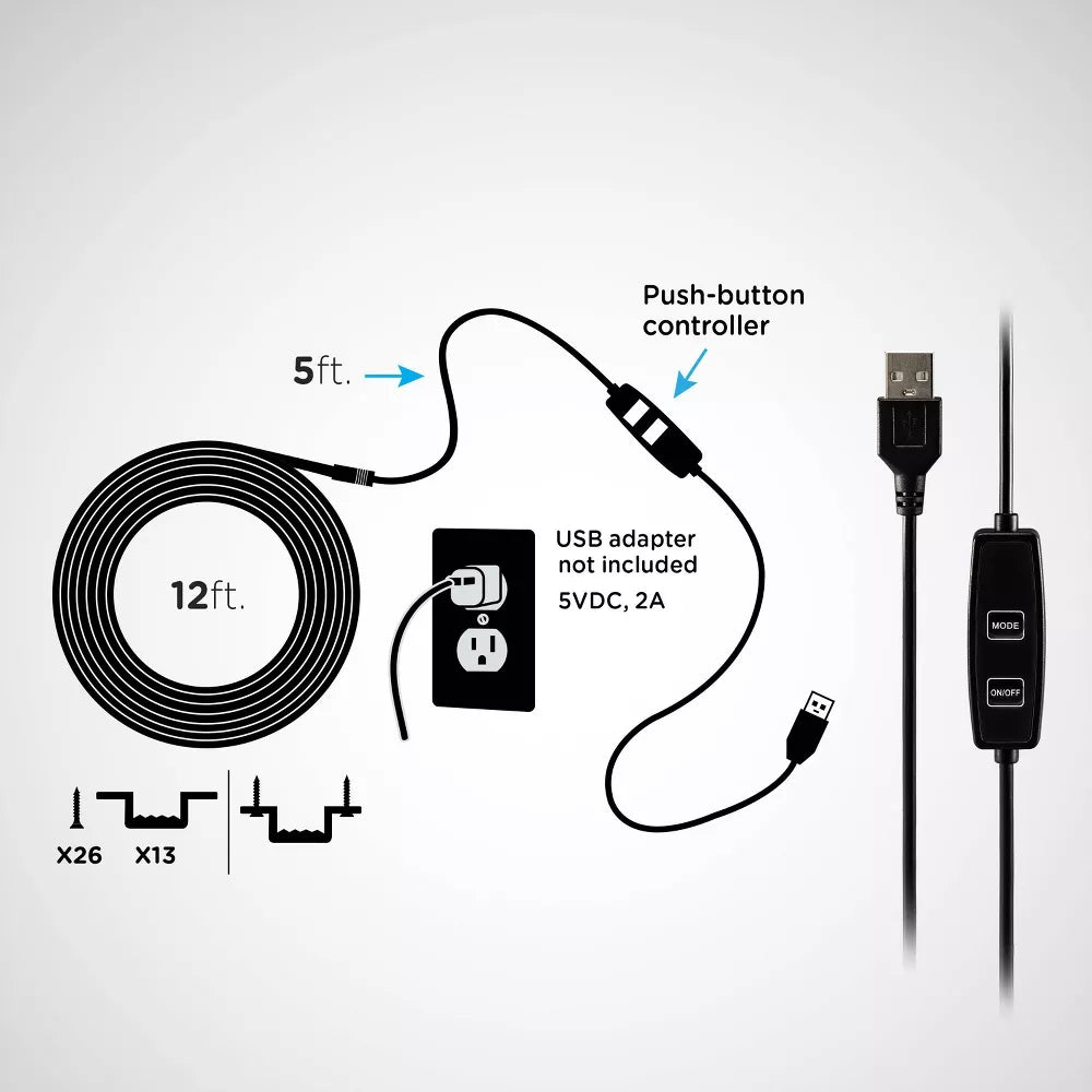 Enbrighten 12' USB-a Black Stealth Tape Light RGB Push Button