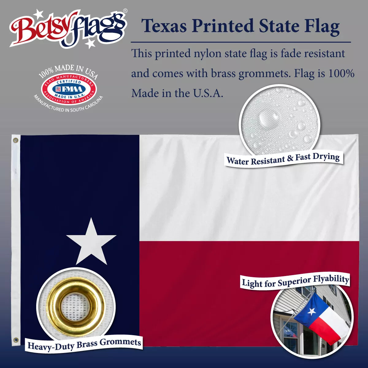 Printed Nylon 3 X 5 Texas State Flag with Brass Grommets by Betsy Flags