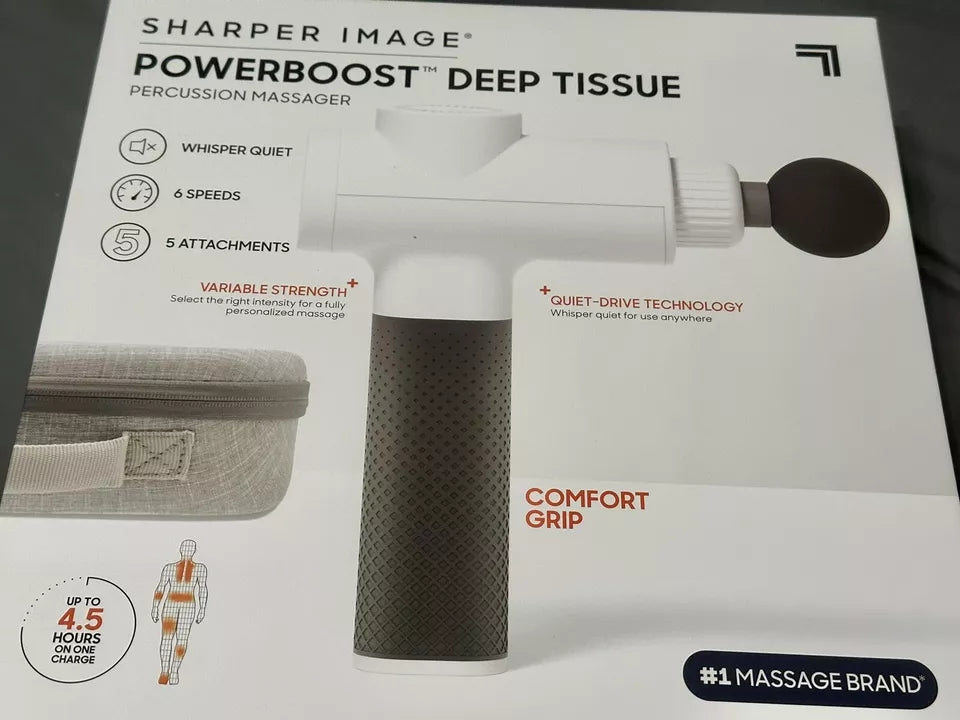 Sharper Image® Powerboost® Deep Tissue Percussion Massager Full Body Massage Gun with 5 Interchangeable Attachments White